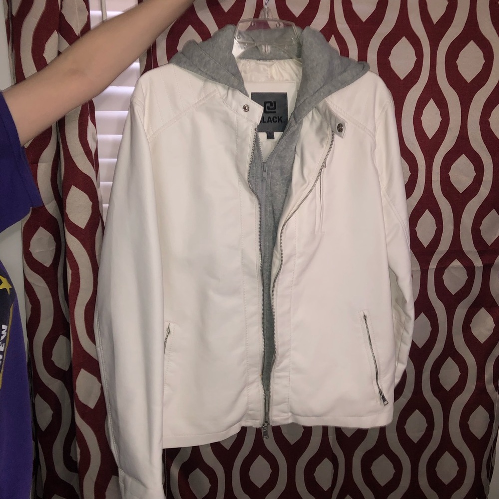 White Leather jacket with grey hoodie